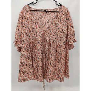 SHEIN Curve Womens 4XL Floral Peplum Blouse Orange Ruffle Sleeve V-Neck Tie Top